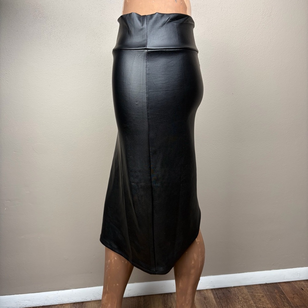 SIMLU Black Faux Leather Midi Pencil Skirt Very Stretchy High Waist Office M EUC - Picture 5 of 15